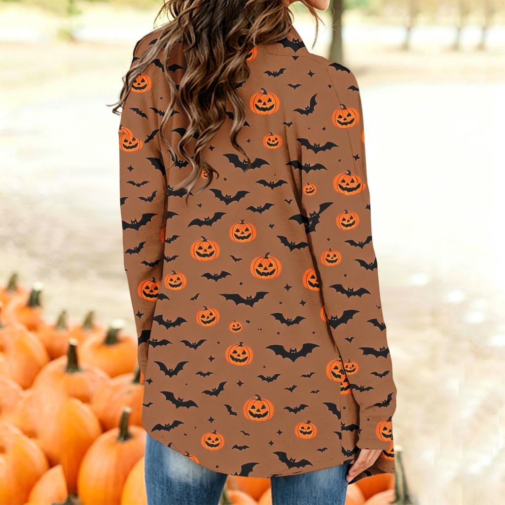 Women's Long Sleeve Cardigan with Halloween Print for Casual Everyday Wear
