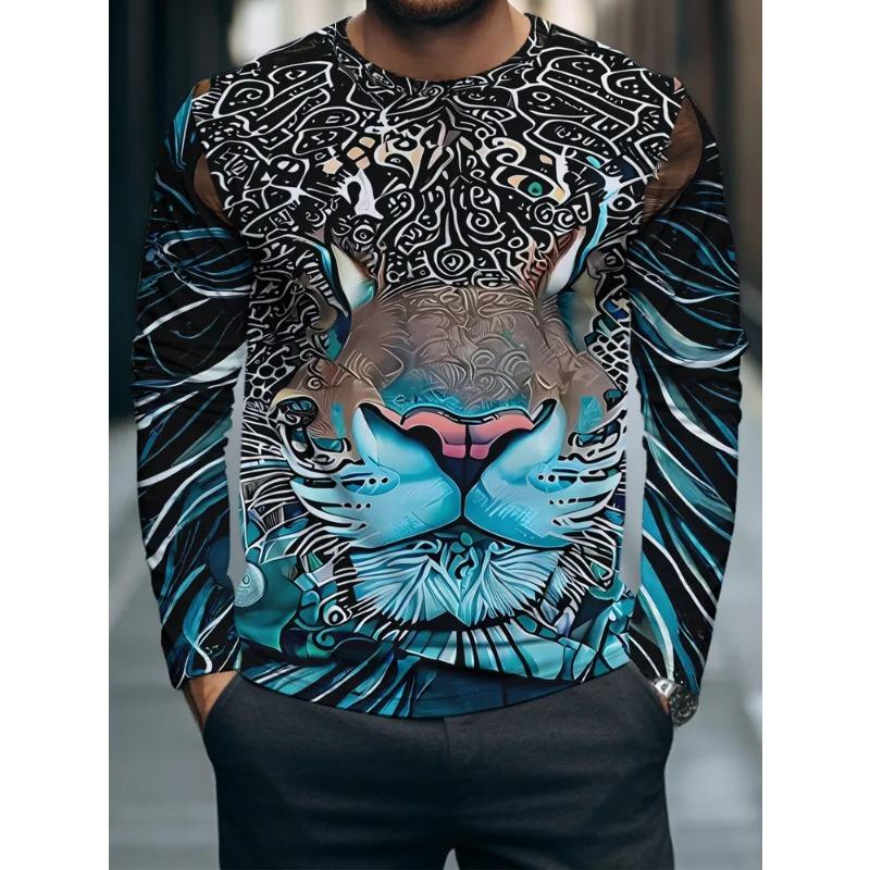 Autumn and Winter Men's 3D Animal Geometric Printing Crew Neck Long Sleeve T-Shirt
