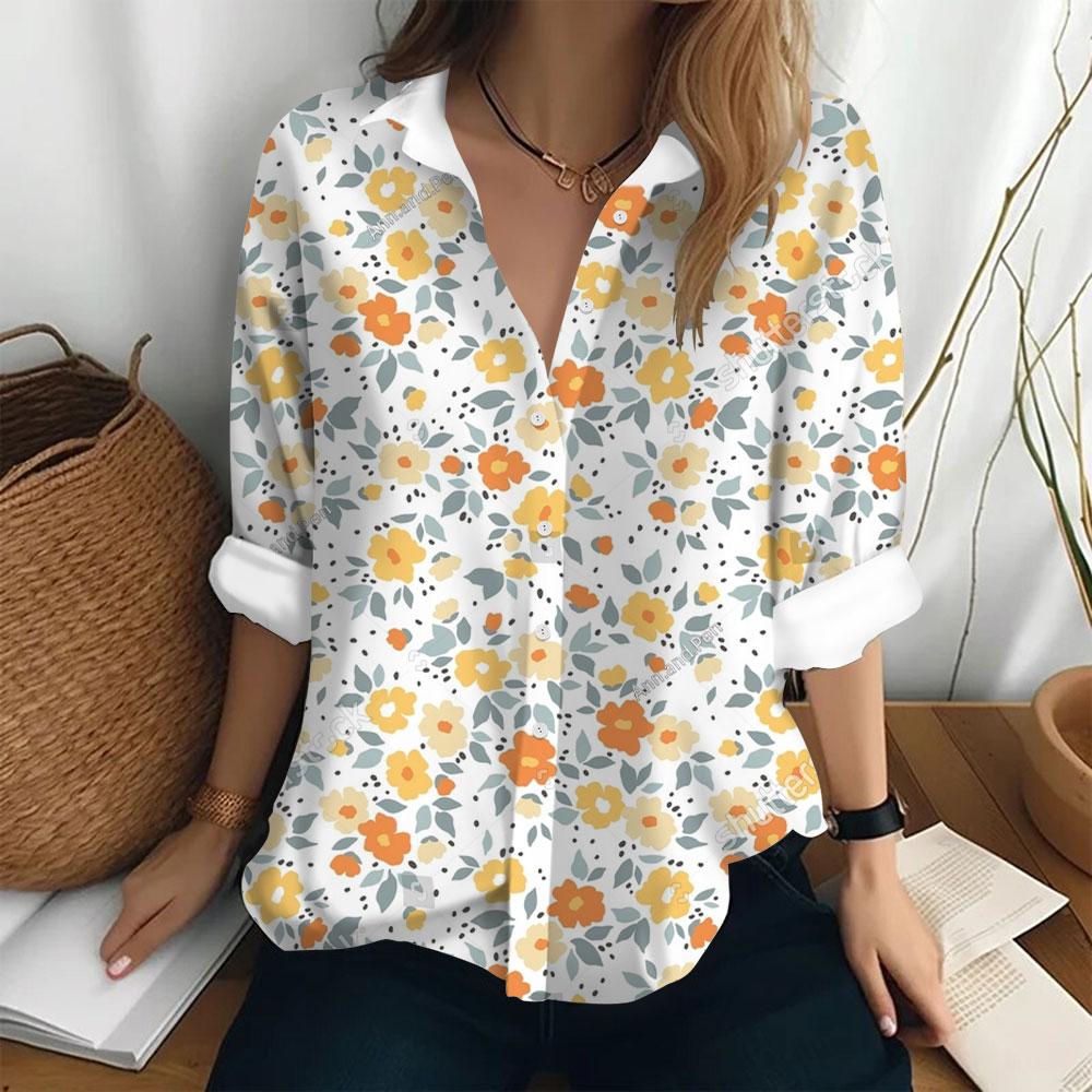 Summer Women's Shirt Long Sleeved Lapel Top Flower Pattern Casual Oversized Button Clothing Women Elegant and Fashionable Shirt