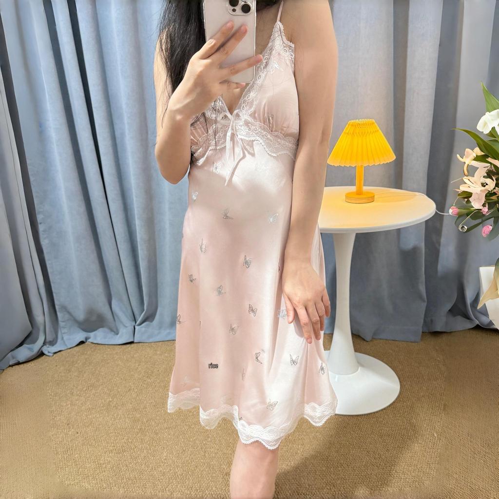 Women's Ice Silk Pajamas: Sexy Lace-Trim Nightgown with Silver Butterfly Robe & Chest Pads