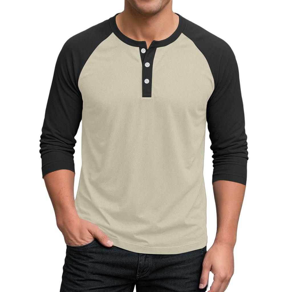 Herren Henley-Kragen Raglanärmel Dreiviertelärmel Hemd Knopfleiste Lässig Leichter Weicher Stoff Oberteil