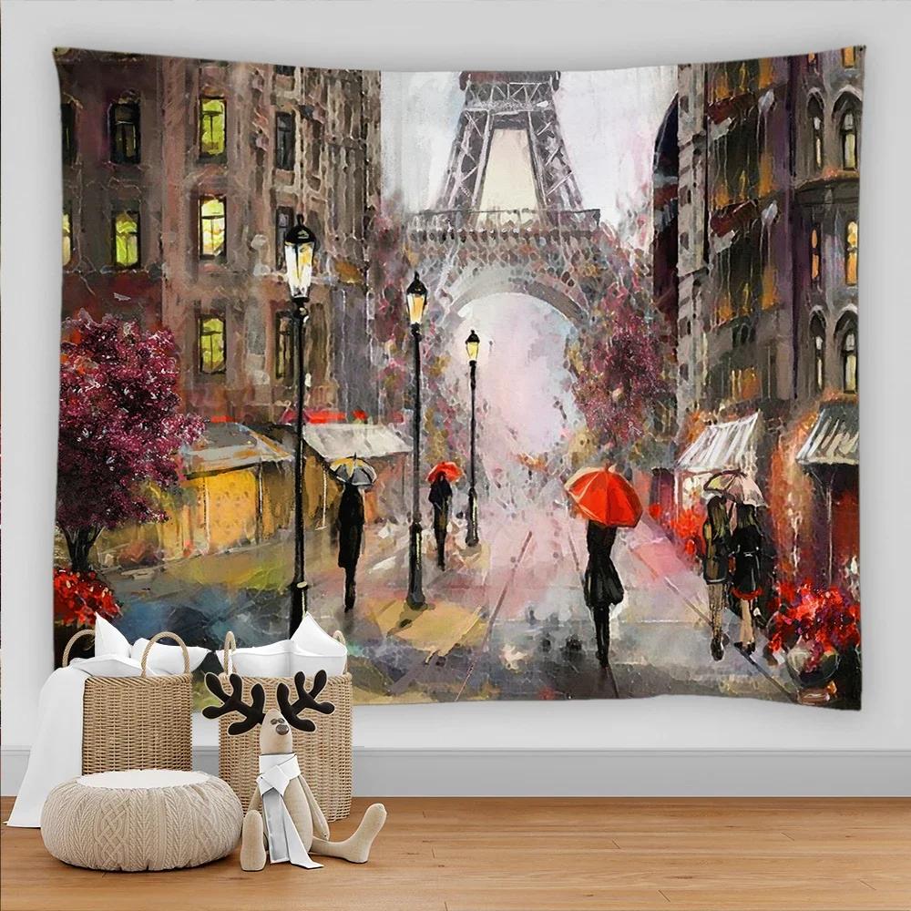 Paris Tapestry Backdrop  Wall Art Eiffel Tower Photo Banner Background European City Landscape Pink  Hanging Decor