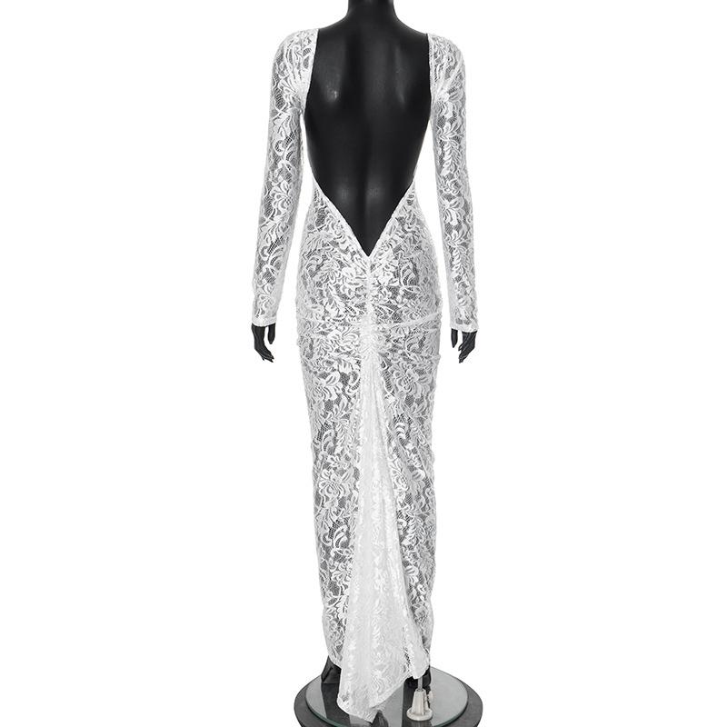 Backless Lace Floral Sheer Slimming Long Sleeve Street Style Dress