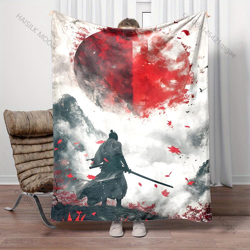 Samurai under red moon scenery Print Blanket Warm Soft Fluffy Kids and Adult Sofa Bed Throw Blanket Outdoor Travel Camping RV