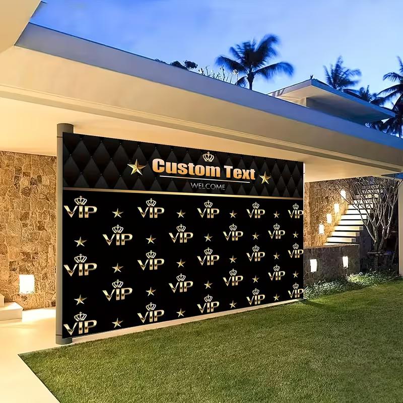 Custom VIP Welcome Banner, Black Gold Star & Crown Backdrop for Red Carpet, Prom & VIP Events