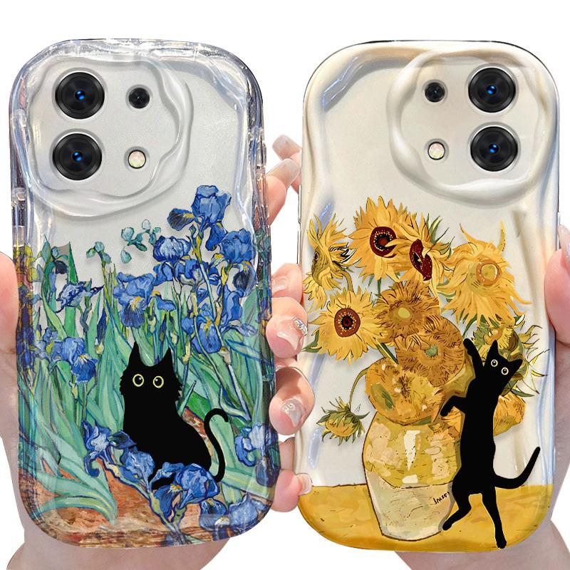 Vintage Blue Floral Black Cat Case for Xiaomi Redmi Note 14 13 12 11 10 Pro Plus 5G 9 14C 13C 4G 12C 10C 10S A2 A1 Soft Cover