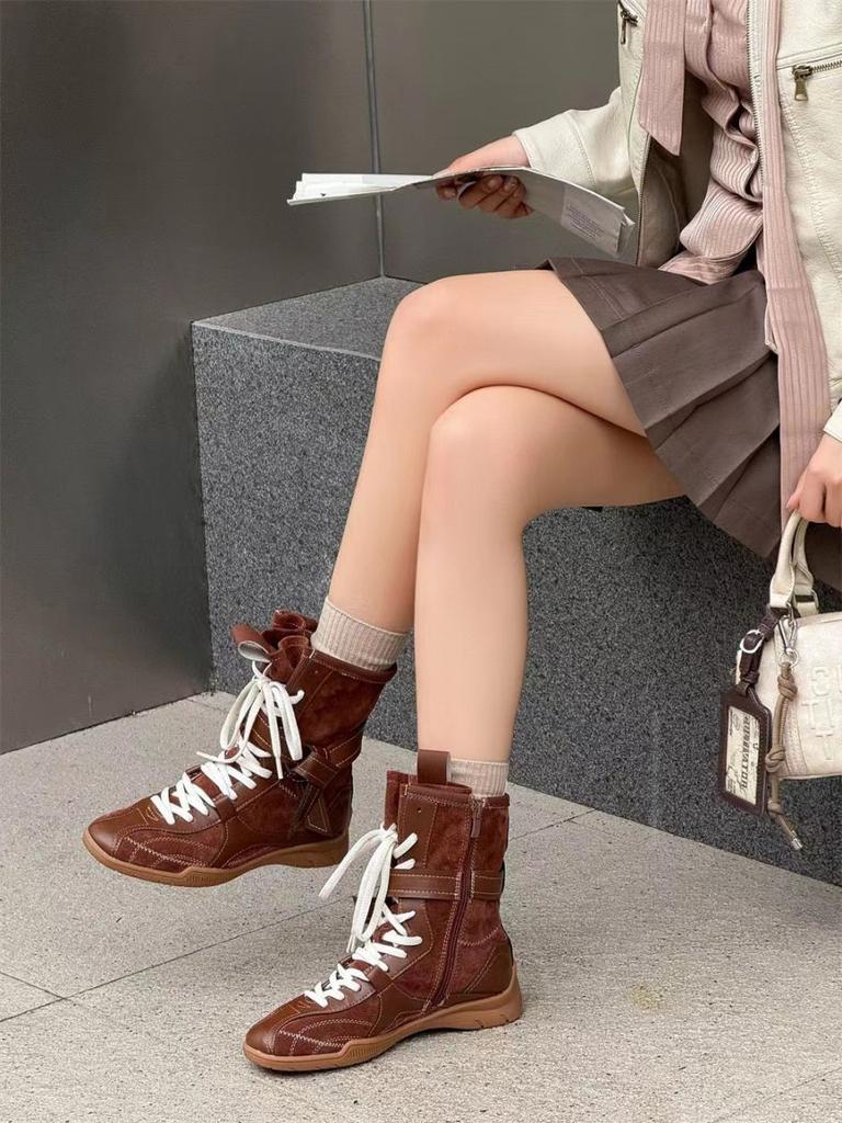 2025 new retro Martin boots women's brown boxing boots round head lace-up sports boots short boots foreign versatile Korean style