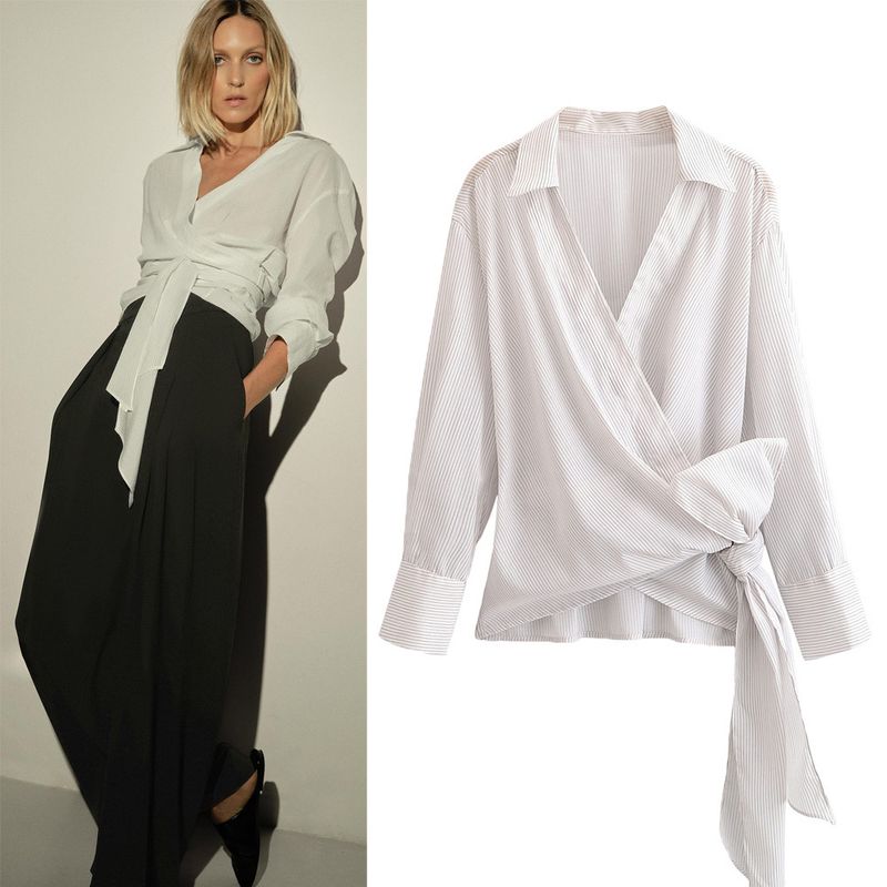 Za Export New Arrival Women's Clothing ZR Fashion Style Fashion Stripes Waist Lace-up Long Sleeves Shirt 9045249
