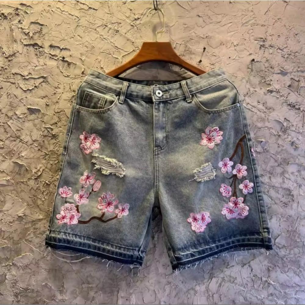 ZYLLO Gothic Mens Womens Cherry Blossom Embroidery Denim Shorts Y2K Jeans Harajuku Hip Hop Retro Baggy Shorts Fashion Casual Pants