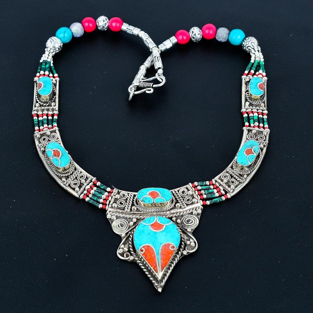 Turquoise, Coral 925 Sterling Silver Necklace Tibetan Silver Necklace Bohemian Antique Necklace Handmade Jewelry Nepali Necklace Gift For Wife