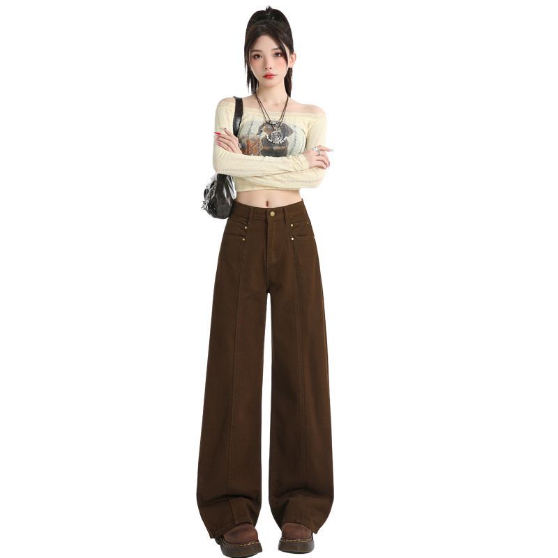 Brown Wide Leg Women's Jeans Y2K Grunge Style Low Rise Baggy Denim Pants Vintage Retro Casual Streetwear Korean Fashion Trousers