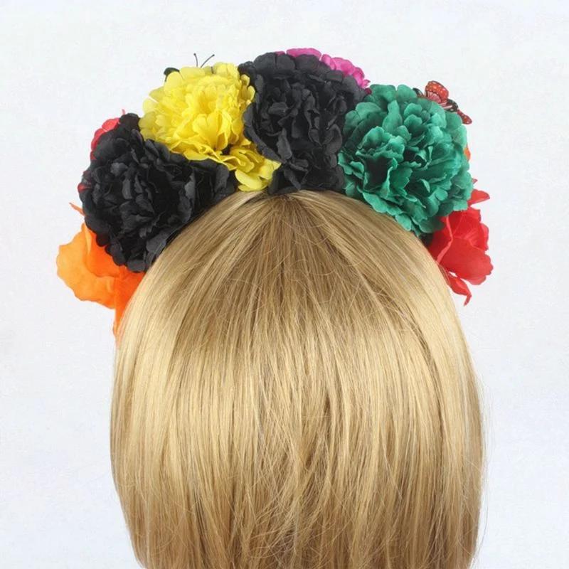 2024 Halloween Simulation Colorful Peony Flower Headband Fairy Butterfly Mexican Wreath Crown Cosplay Party Costume Day Dead