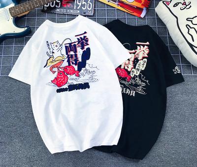 Marque de Marée Japonaise Boutique Fengtian Chat Porte-bonheur Carpe Pêche Impression Coton Pur Coton Bambou T-shirt à Manches Courtes Homme et Femme