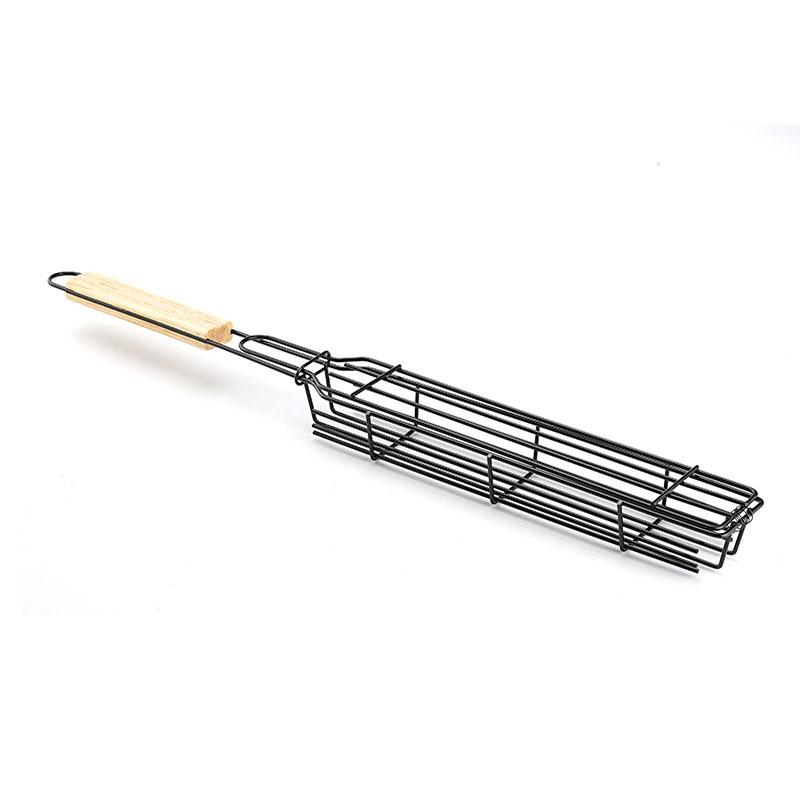 Non-Stick Kabob Grill Basket Carbon Steel with Wood Handles Portable BBQ Grilling Basket Outdoor Roasting Meat Accessories