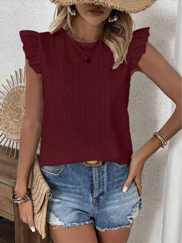 2026 Spring/Summer Round Neck Ruffle Sleeve Back Tie Solid Color Women's Top