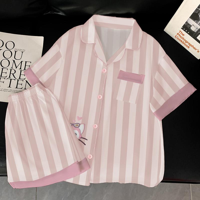 Summer Ice Silk Pajamas Female Sweet Lina Belle Simple Cartoon Striped Wear Loungewear Suit