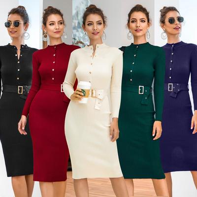 Autumn Women Fashion Slim Rib Knitted Pencil Hip Button Dress