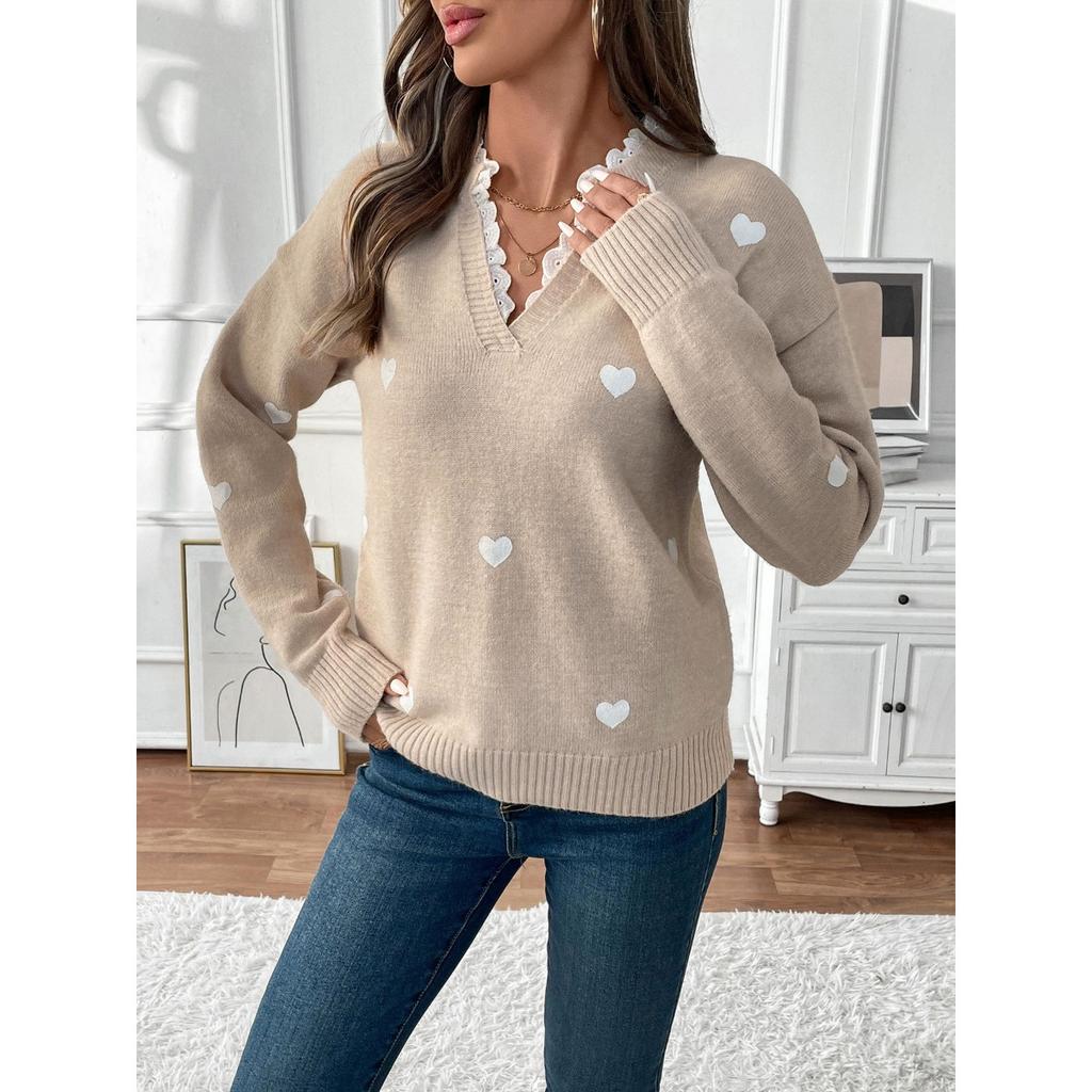 Fall Winter Women's V-neck Heart Sweater, Valentine's Day Date Outfit, European American Style Hot Selling Top