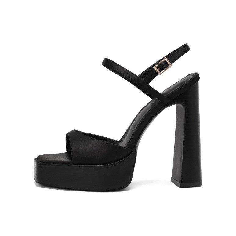 

Zhao Ruth has the same style~ Sexy thick-soled waterproof table sandals for women s summer super high-heeled satin thick-heeled black high-heeled shoe 40