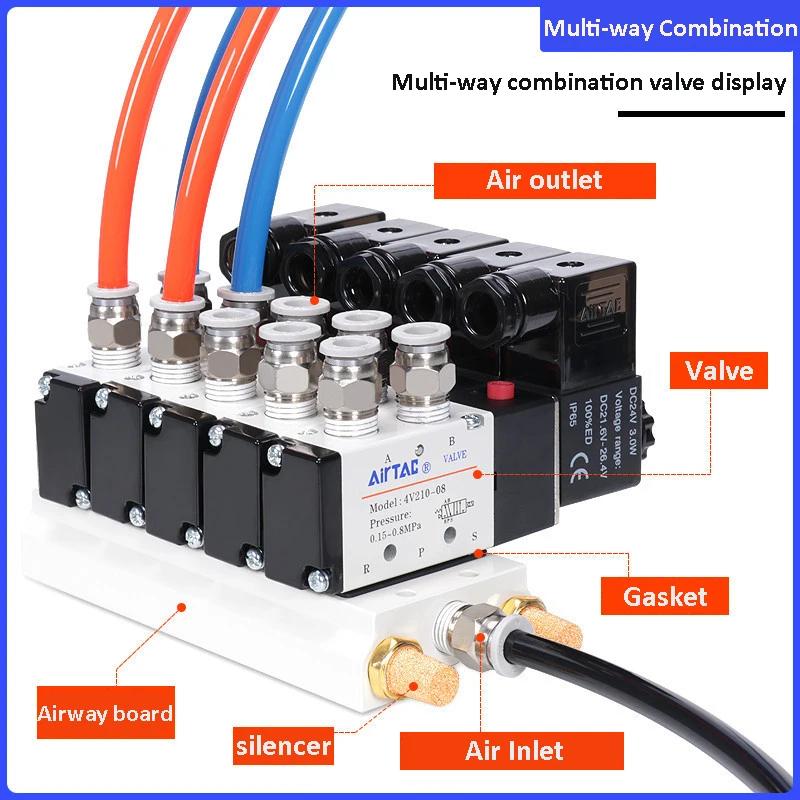 Solenoid Valve Multi-way Combination 4V210-08 Manifold Stations DC12V 24V AC220V With Fittings 5 Port 2 Position Solenoid Valves