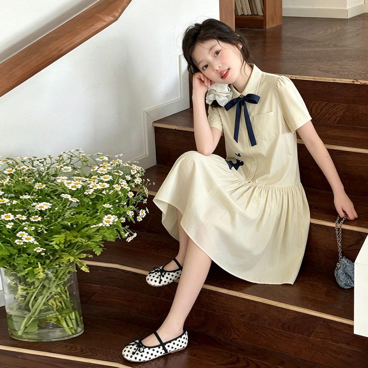 Girls Summer Bow Cotton Dress - School Style Short Sleeve Princess Skirt 130 cm