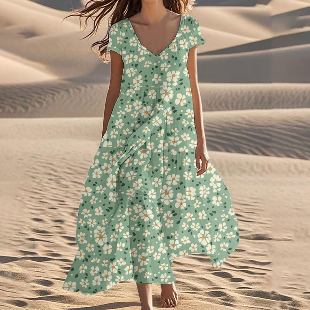 Women's Summer Fashion V-Neck Beach Long Short Sleeve Floral Printed Dresses