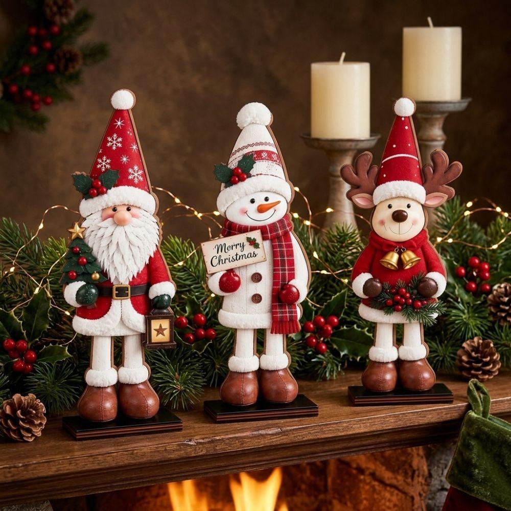 3Pcs 2D Flat Santa Snowman Reindeer Figurines Set Christmas Table Plaques Festive Atmosphere