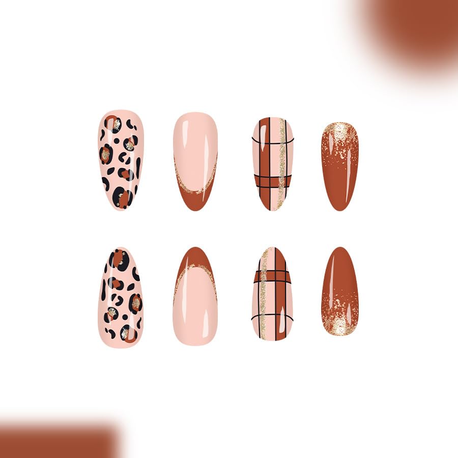 Glitter Leopard Print French Tip Press on Nails Medium Almond Fake Nails Gold Foils Brown Designs Cute Cheetah Print Lattice False Nails Fall Winter