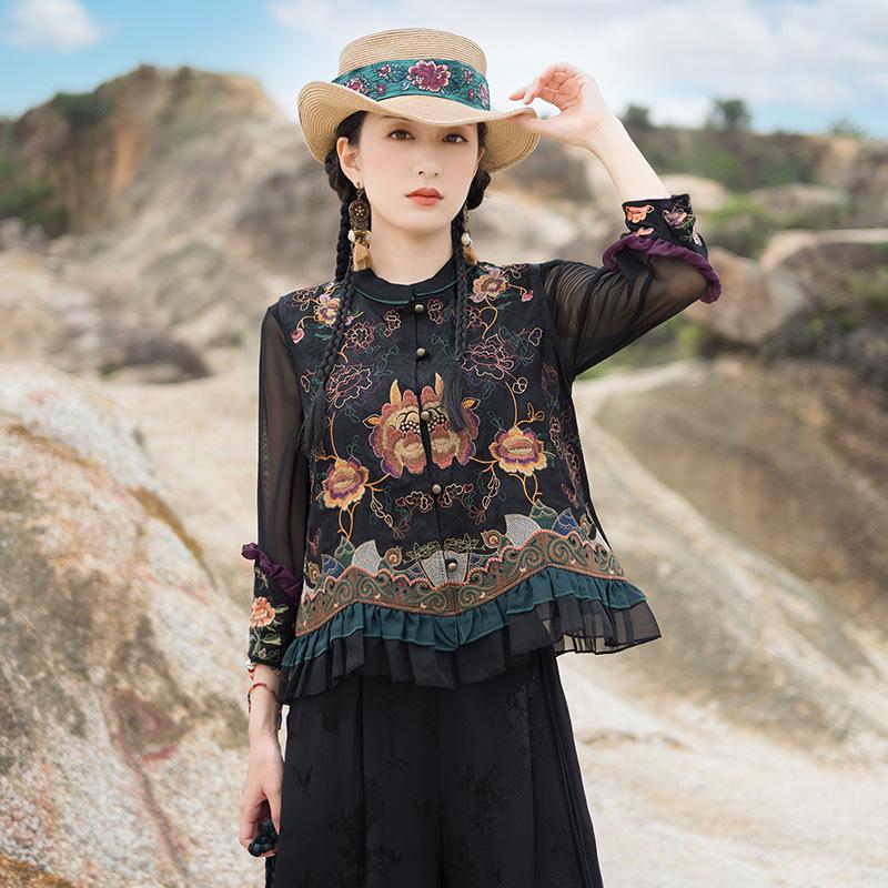 

Весенний этнический стиль женский китайский ретро вышитый жилет жилет кардиган XL чёрный