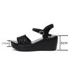 New 2026 Summer Chunky Platform Wedges Shoes Soft Leather Medium Heels Sandals Women Floral Cutout Black Beach Sandal Mom