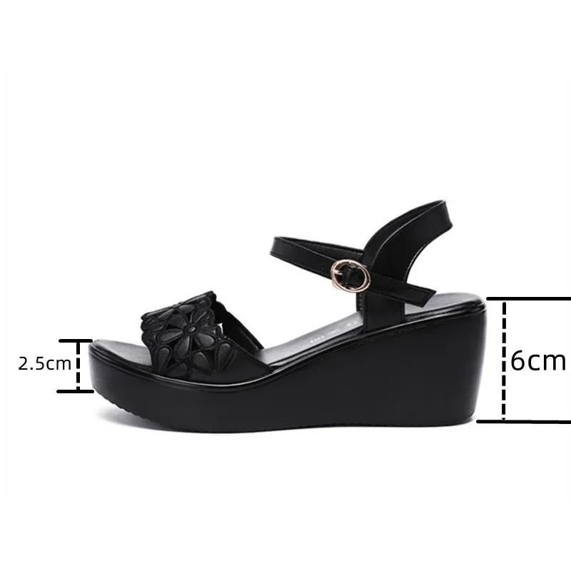 New 2026 Summer Chunky Platform Wedges Shoes Soft Leather Medium Heels Sandals Women Floral Cutout Black Beach Sandal Mom