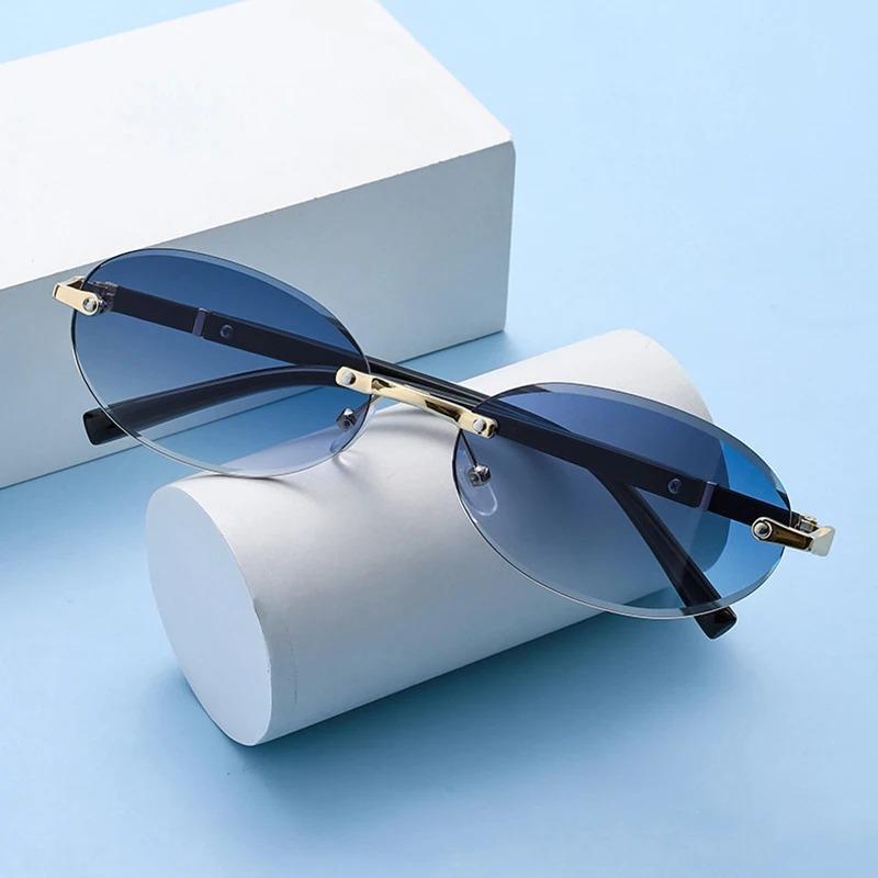 Retro Oval Women Sunglasses Brand Designer Rimless Clear Ocean Gradient Lens Shades UV400 Men Sun Glasses Lentes  Mujer