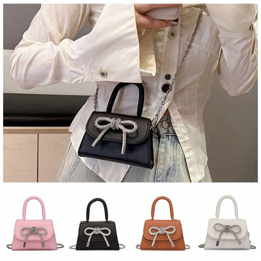 

Mini Bowknot Crossbody Bag Solid Color Evening Clutch Bag Rhinestone Bow Shoulder Bag Lady/Girls коричневий