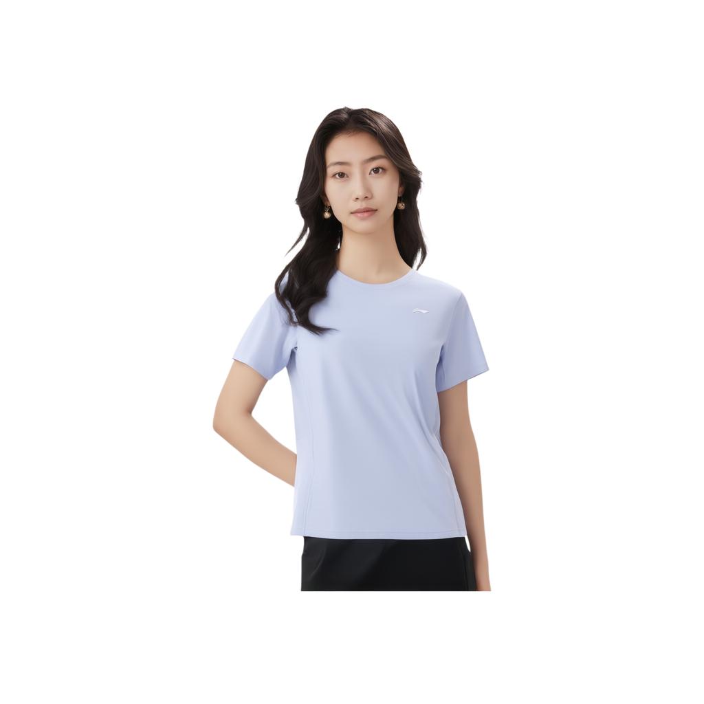 Li Ning Seria Fitness Jednokolorowy Wygodny Prosty Okrągły Dekolt Oddychający T-shirt z Krótkim Rękawem Damski T-shirty Lodowy Niebieski ATSV560-3