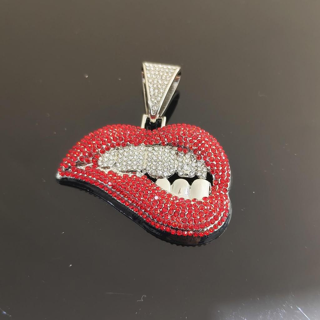 Men's Trendy Cuban Chain: Full Diamond Red Lip Pendant Necklace