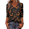 Damen Freizeit V-Ausschnitt Oberteil Halloween-Print Dreiviertelärm Leicht Bluse Lockerer Schnitt Pulloverhemd für die Herbstsaison