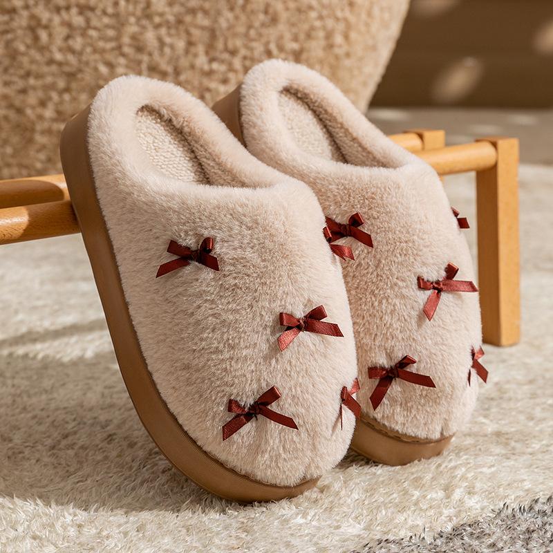 Bow cotton slippers women's autumn and winter new indoor home non-slip thick bottom warm plush cotton mop