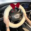 Car Steering Wheel Cover Winter Warm Plush Korean Cute Red Bow Non-Shedding Universal Handlebar Cover for Women
