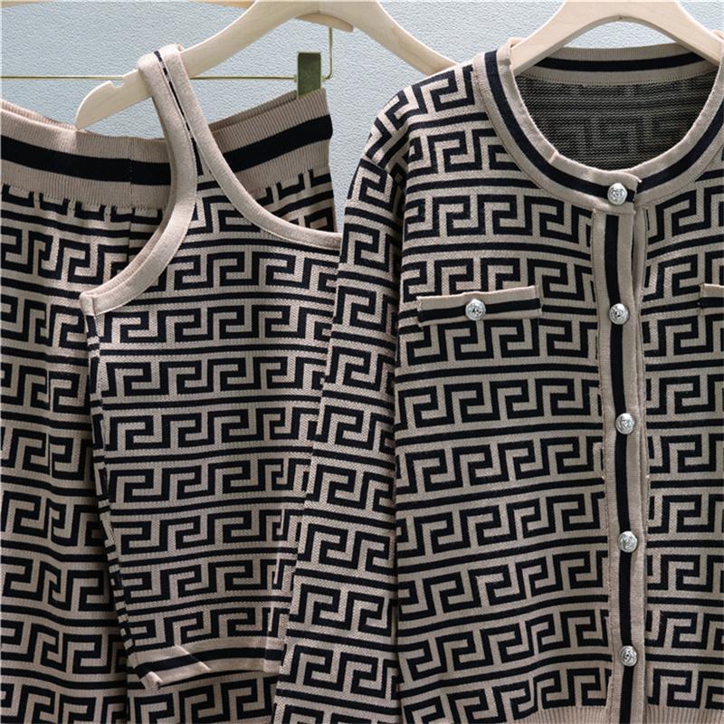 Autumn And Winter Jacquard Knitted Cardigan Women's Suit Jacket Vest And Pants Three Piece Set