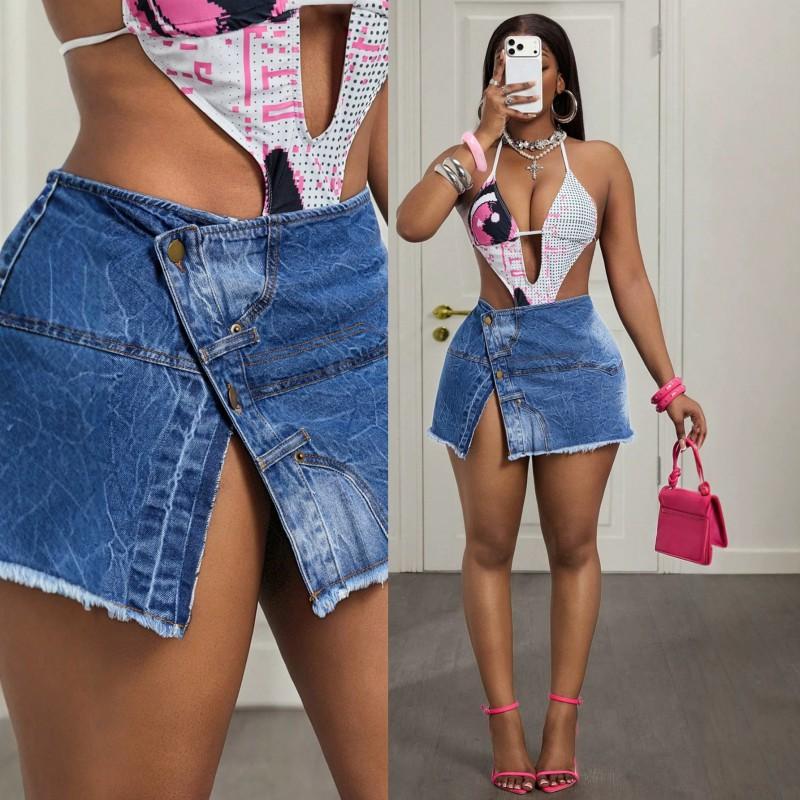 X-66571 Trendy Casual Frayed Low-Waist Split Mini Denim Skirt Women