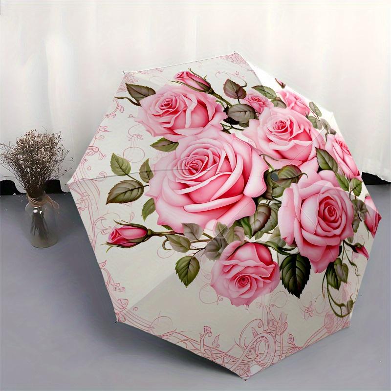 Rose Bouquet Automatic Folding Umbrella  Simple Eight Rib Design, Bright Color Pattern, Durable Iron Frame, Ideal for Travel and Outdoor, Be