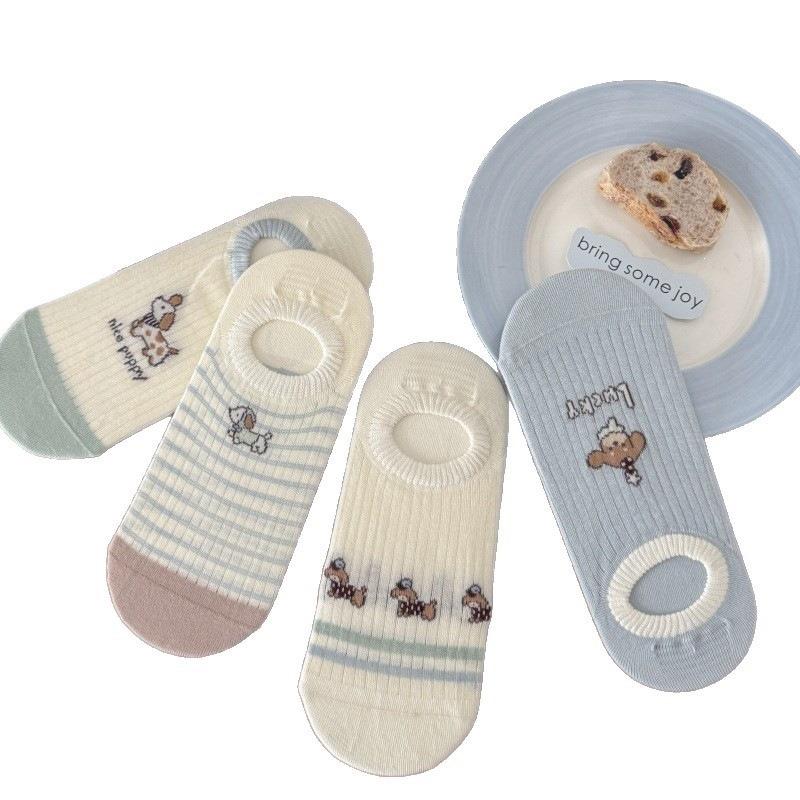 Spring and Summer Cartoon Spotted Striped Boneless Anti-Slip Invisible Socks for Women - Thin Cotton Boat Shoes