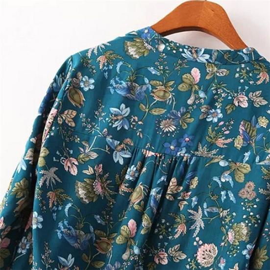 Women Casual Long Sleeve V-neck Floral Print Shirt Chiffon Blouse Irregular Top