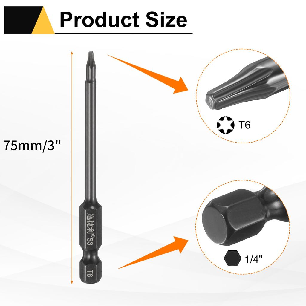 6pcs T6-T40 Torx Screwdriver Bit 1/4" Hex Shank 75mm/100mm S3 Steel Magnetic Tamper Proof Star 6 Point Head Hex Screw Driver Bit