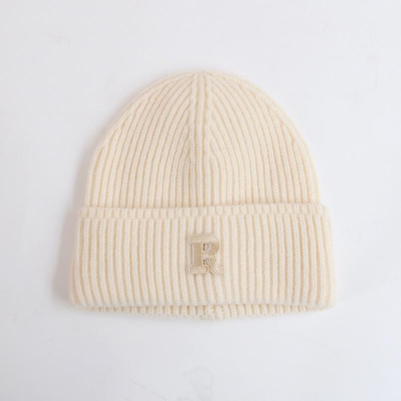Wool hat women's autumn and winter new letter R standard knitted hat flanged ear protection warm Internet celebrity cold hat tide