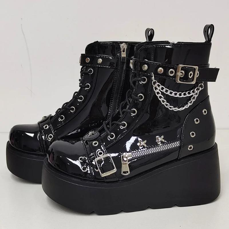 Botas de Plataforma Góticas Vampiro Cosplay Femininas de Cano Médio 2024 Inverno Cunhas Confortáveis Botas de Motocicleta Femininas