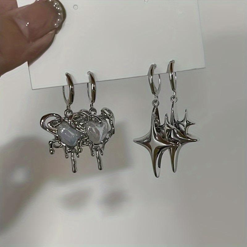 Simple Silver Color Star Earrings For Women Girls Opal Stone Heart Hoop Earrings Punk Y2K Cute Daily Wear Jewelry Party Gifts