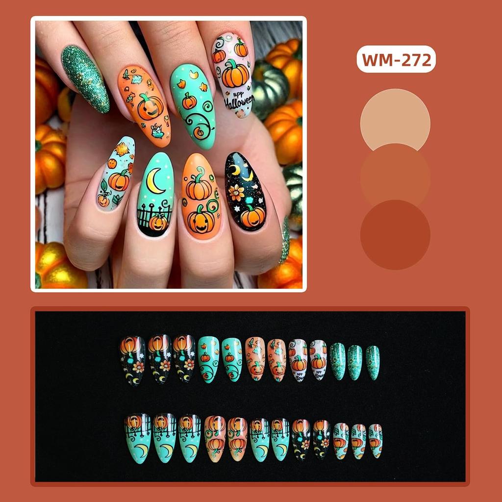 Halloween Press on Nails Medium Fake Nails Almond Shape Halloween False Nail Tips with Pumpkin Star Moon Designs Cute Stick on Nails Glossy Halloween