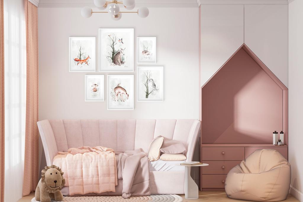 Plakaty dziecięce zestaw 6szt Galeria Akwarela Las Zwierzątka komplet 100x100