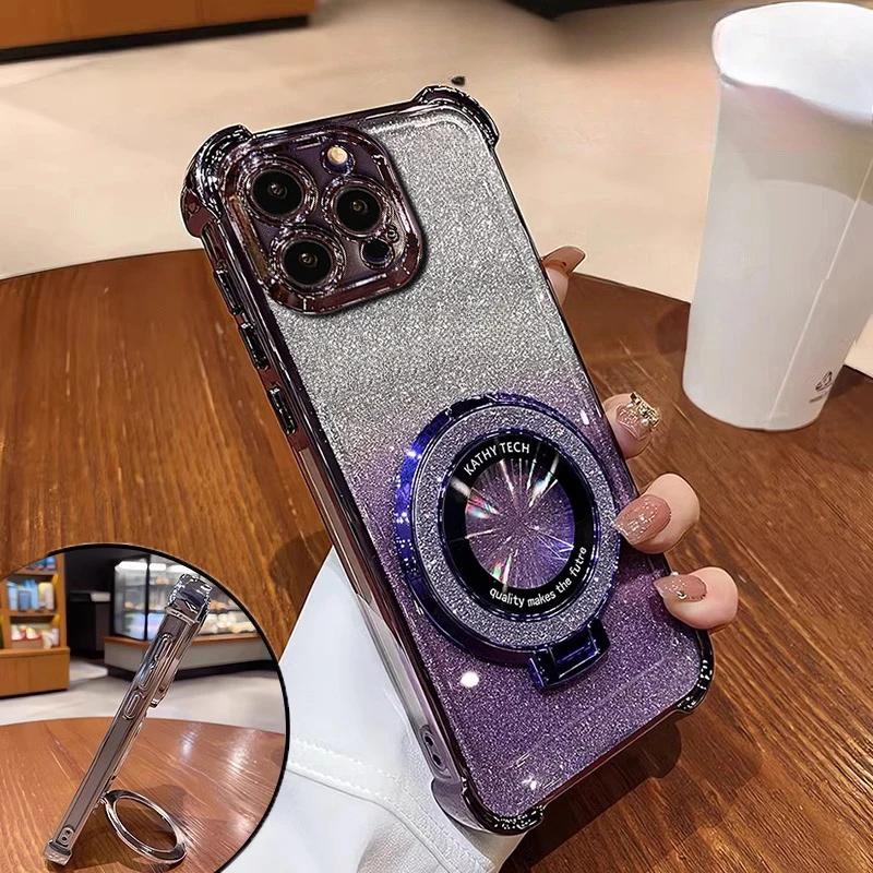 Luxury Glitter Holder Bracket Case For iPhone 17 Air 16 15 14 13 12 11 Pro Max 16 Plus Stand Shockproof Clear Soft Back Cover